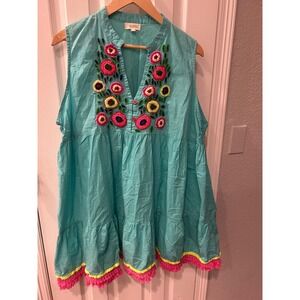 Velzera Turquoise Cotton Embroidered Beaded Tassel Fringe Tiered Tunic Top
